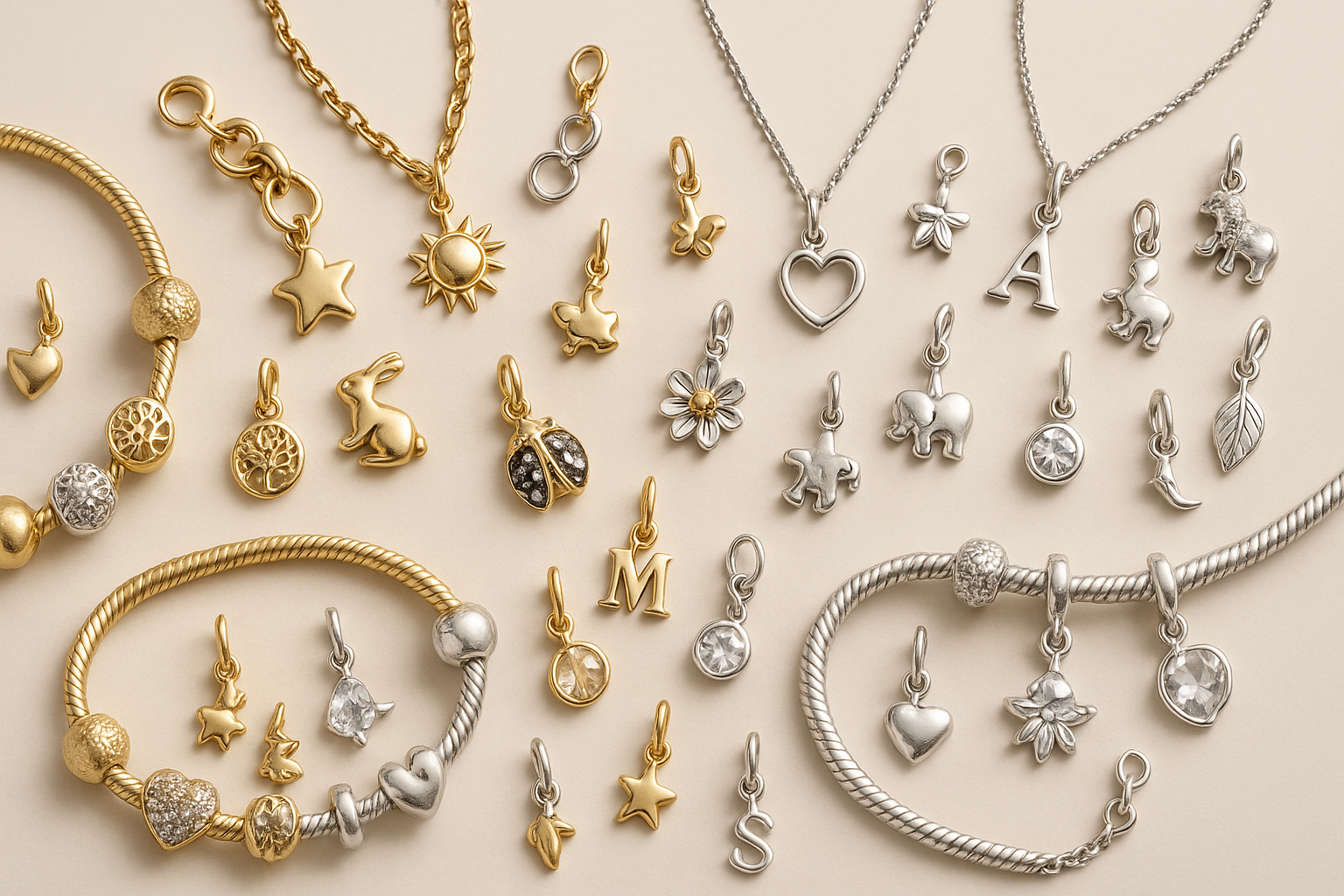 collection of gold and silver charm jewelry
